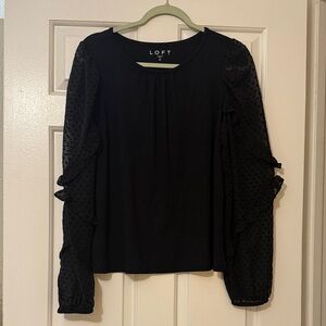LOFT Black Blouse with Sheer Polka Dot Sleeves